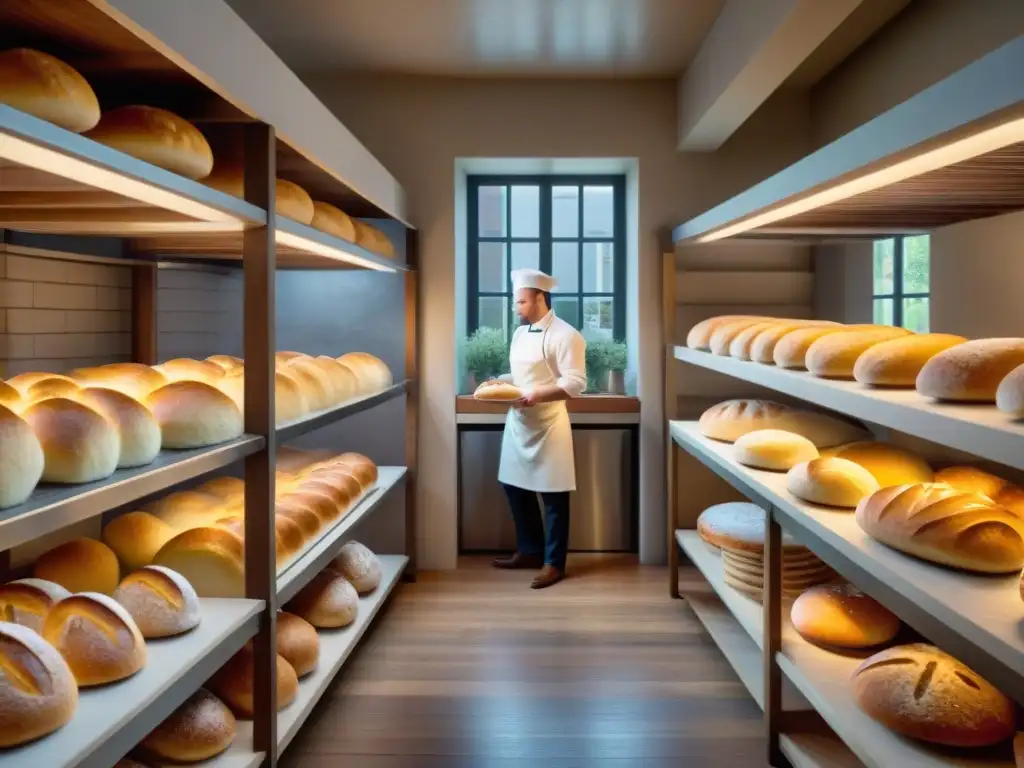 Un escenario encantador de panadería gourmet con panes artesanales recién horneados en estantes de madera rústica