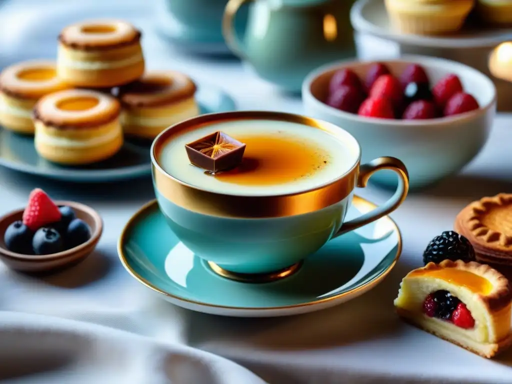 Un escenario exquisito con un delicado juego de té de porcelana y suculentos postres