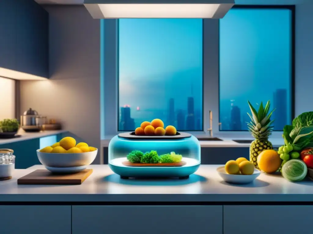 Un escenario futurista de cocina con alimentos impresos en 3D gastronomía, creatividad y tecnología avanzada