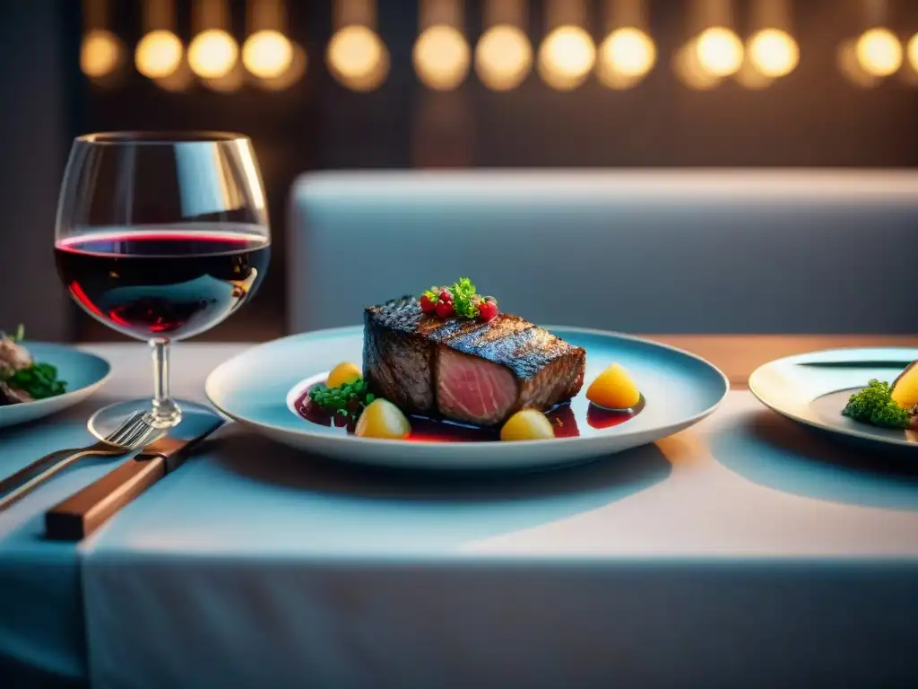 Un escenario futurista de mesa con maridaje vinos carne gourmet futurista