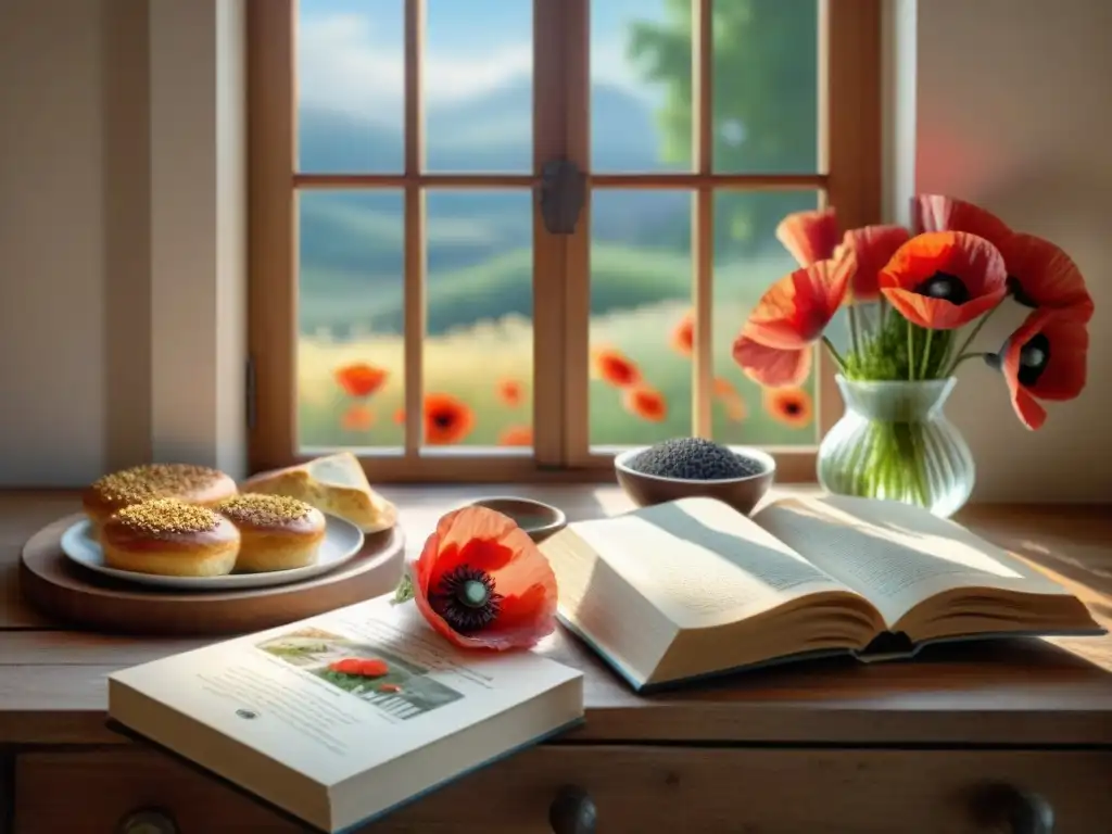 Un escenario gourmet con amapolas: mesa de madera, pasteles, libros de recetas y flores rojas vibrantes bajo la luz del sol