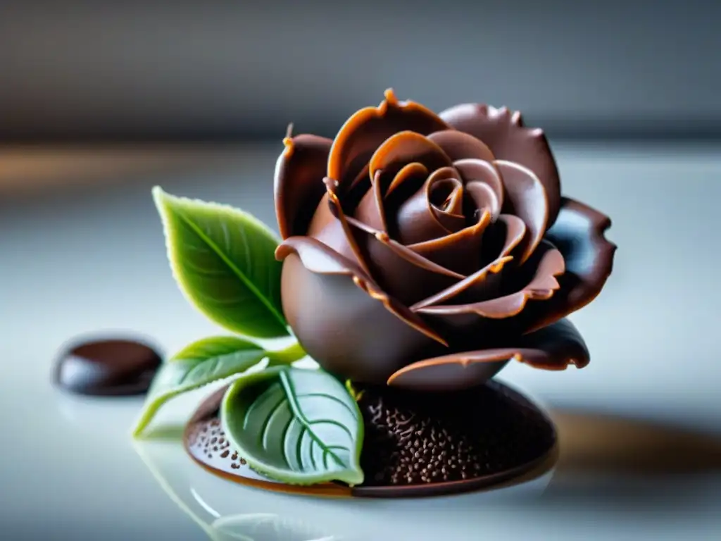 Escultura de rosa de chocolate comestible impresa en 3D, detallada y elegante en una cocina moderna