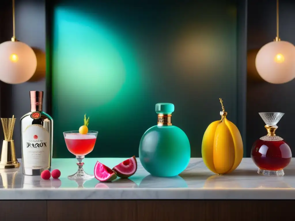 Esencia de alta gama: bar lujoso con ingredientes cocteles alta gama y elegante decoración