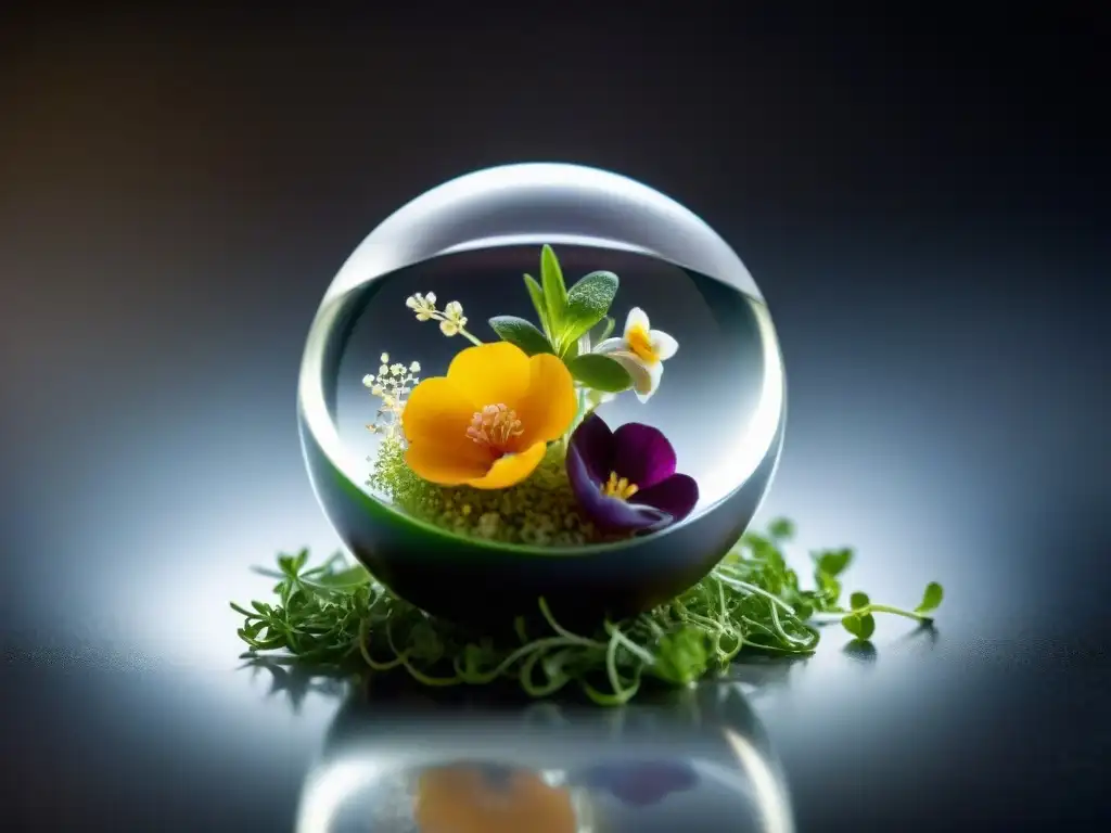 Esfera de gel transparente con hierbas y flores comestibles, reflejando luz en una clase magistral de Gastronomía molecular masterclass chefs expertos