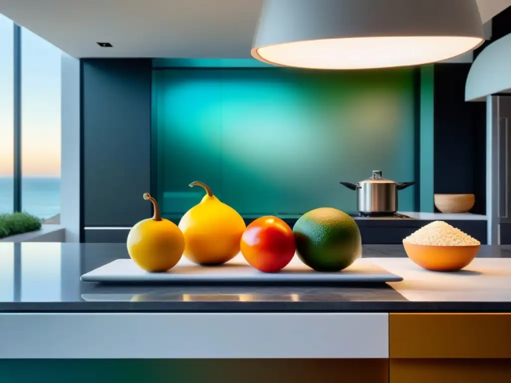 Un espacio de cocina gourmet con libros de chefs renombrados y diseño impecable