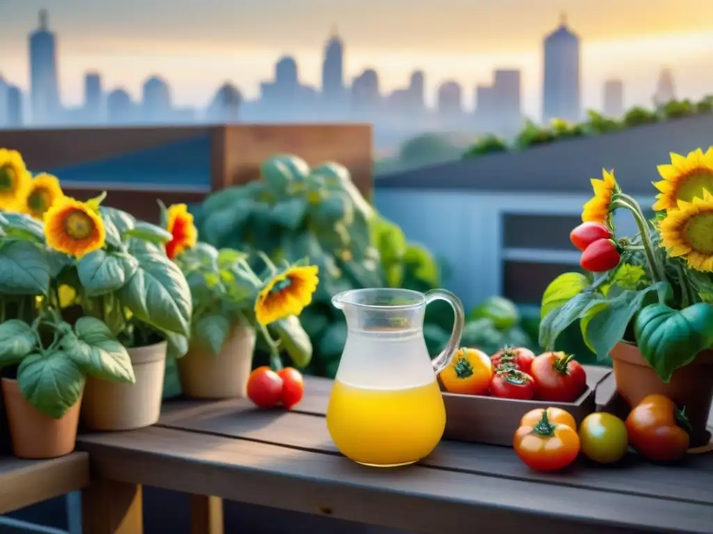 Transforma tu espacio en huerto gourmet: huerto urbano vibrante con tomates, albahaca y pimientos coloridos, abejas y girasoles al sol