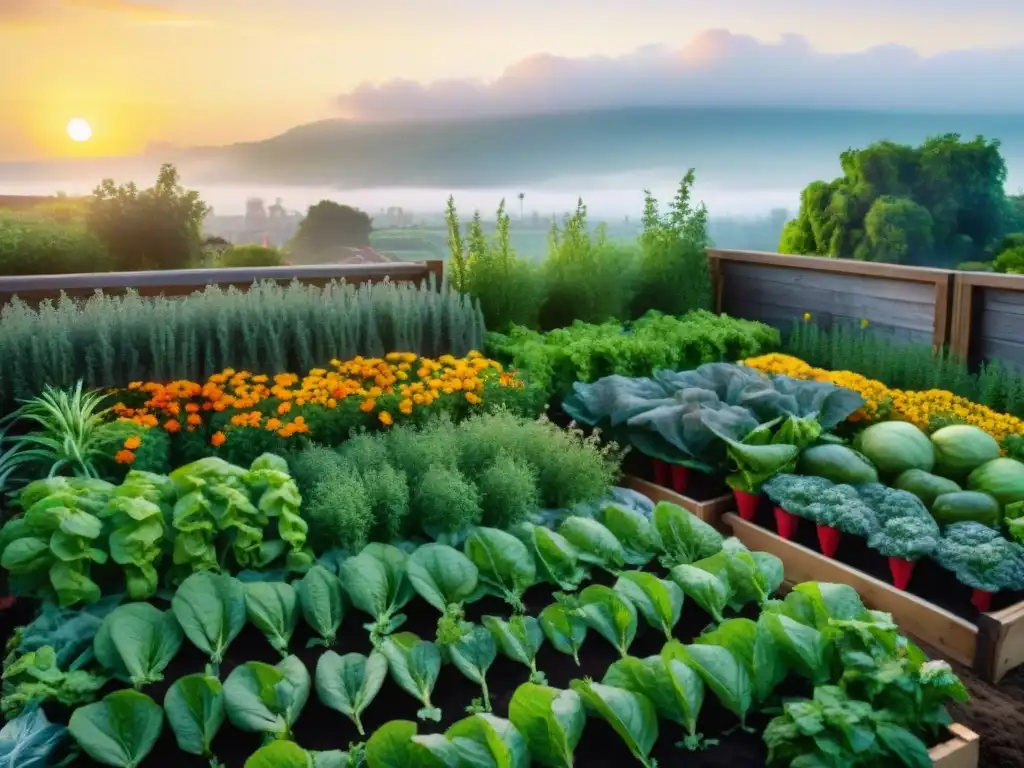 Transforma tu espacio en huerto gourmet: un jardín urbano vibrante y exuberante con hierbas, verduras coloridas y frutas maduras al atardecer