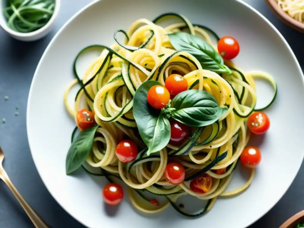 Espaguetis gourmet sin harina: Exquisitos zoodles con tomates cherry, albahaca y queso parmesano en un plato moderno