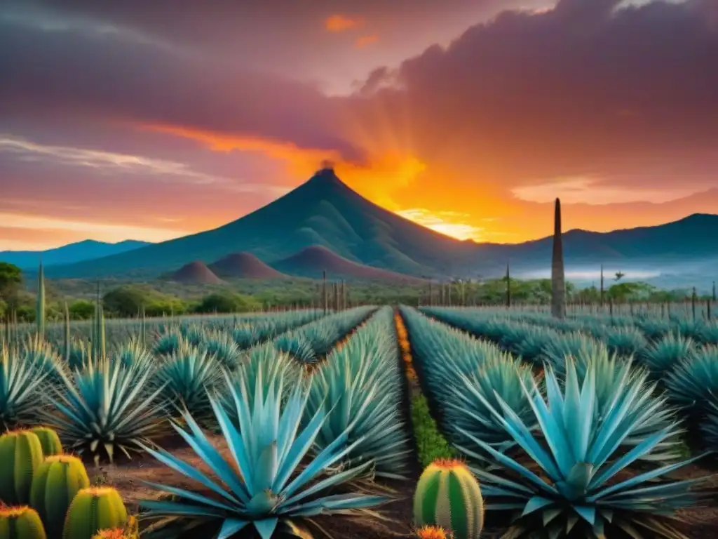 Espectacular atardecer sobre campos de agave en Jalisco, México