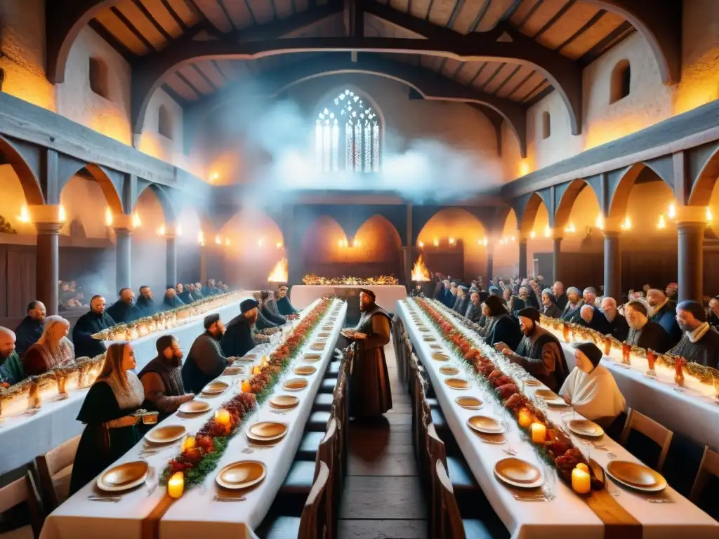 Espléndida escena de un banquete medieval con comida abundante y cálida iluminación de antorchas