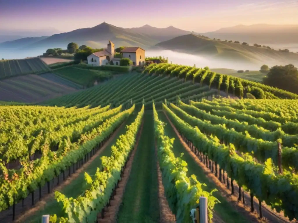 Espléndido viñedo al amanecer con uvas autóctonas vinos Nuevo Mundo en un paisaje pintado de colores cálidos