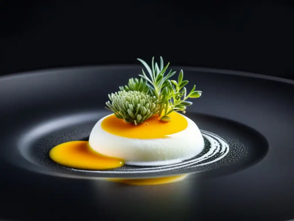 Espuma gourmet con microgreens y aceite de oliva dorado en cuchara moderna sobre fondo negro, para sorprender invitados