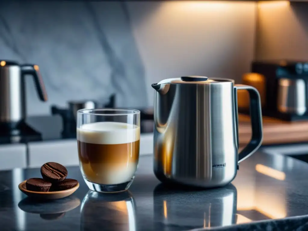 Espuma perfecta para cafés gourmet: jarra de acero inoxidable con microespuma y espresso en un elegante entorno de mármol