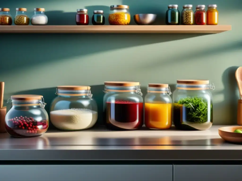 Una estación de fermentación doméstica con utensilios para fermentación de alimentos, en una cocina bien iluminada