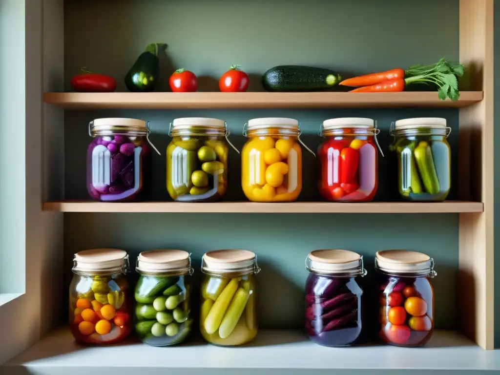 Una estantería rústica llena de tarros de encurtidos gourmet, con etiquetas elegantes y colores vibrantes, bañada por la luz del sol