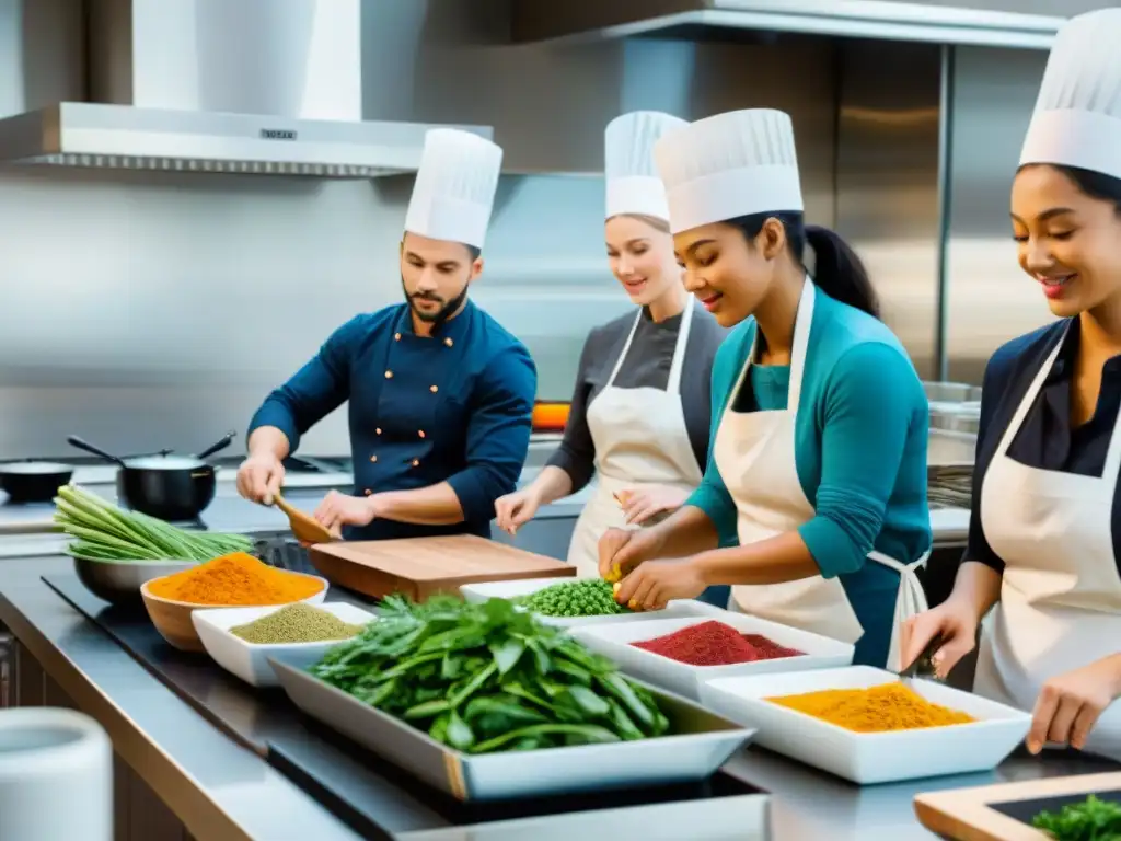 En un estudio de cocina moderno, estudiantes disfrutan de una clase práctica de cocina vegana con chefs reconocidos