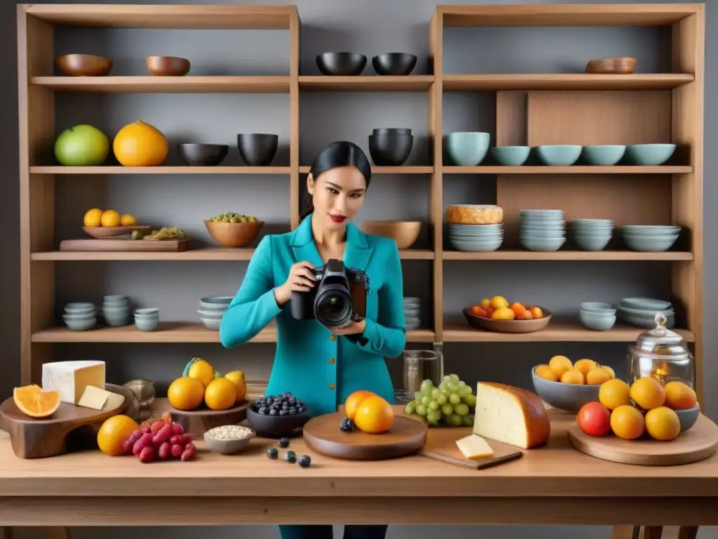 Un estudio de fotógrafo gastronómico lleno de pasión, con cámara, frutas, quesos y fotógrafo en acción, rodeado de libros y premios