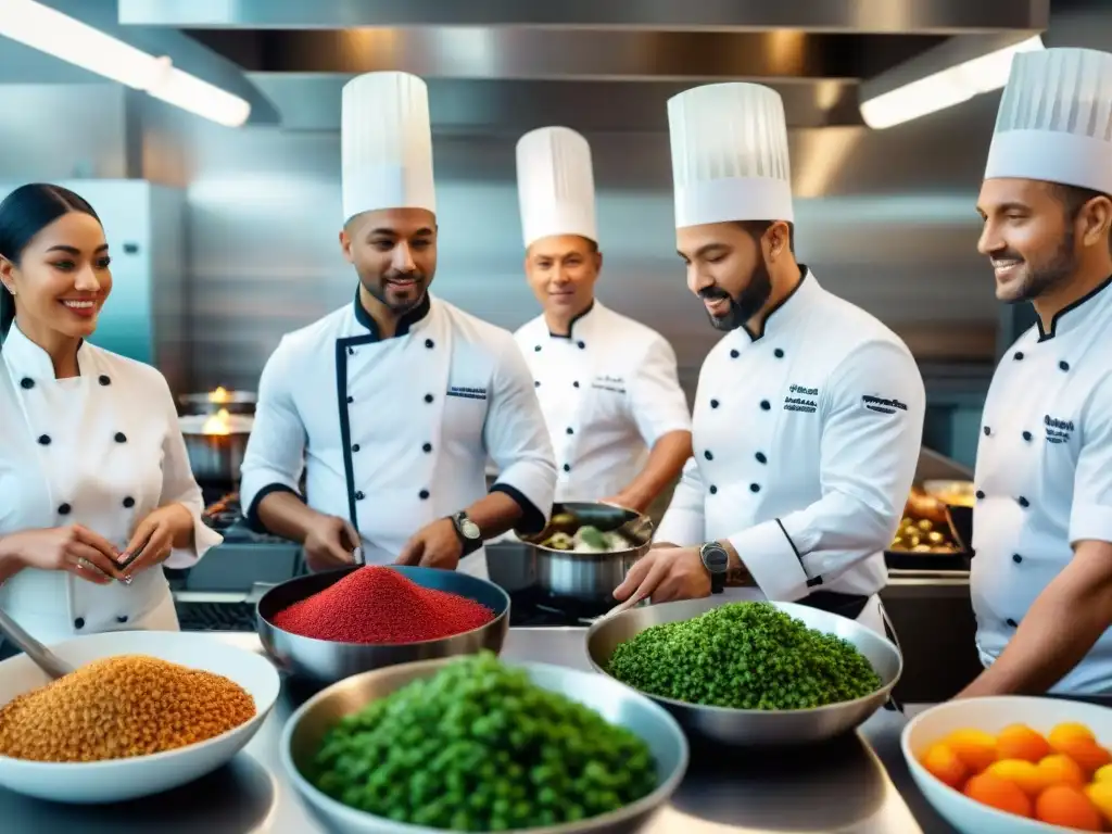 Fusión étnica en la gastronomía: Chefs de diversas etnias cocinando juntos en una cocina bulliciosa, rodeados de ingredientes coloridos