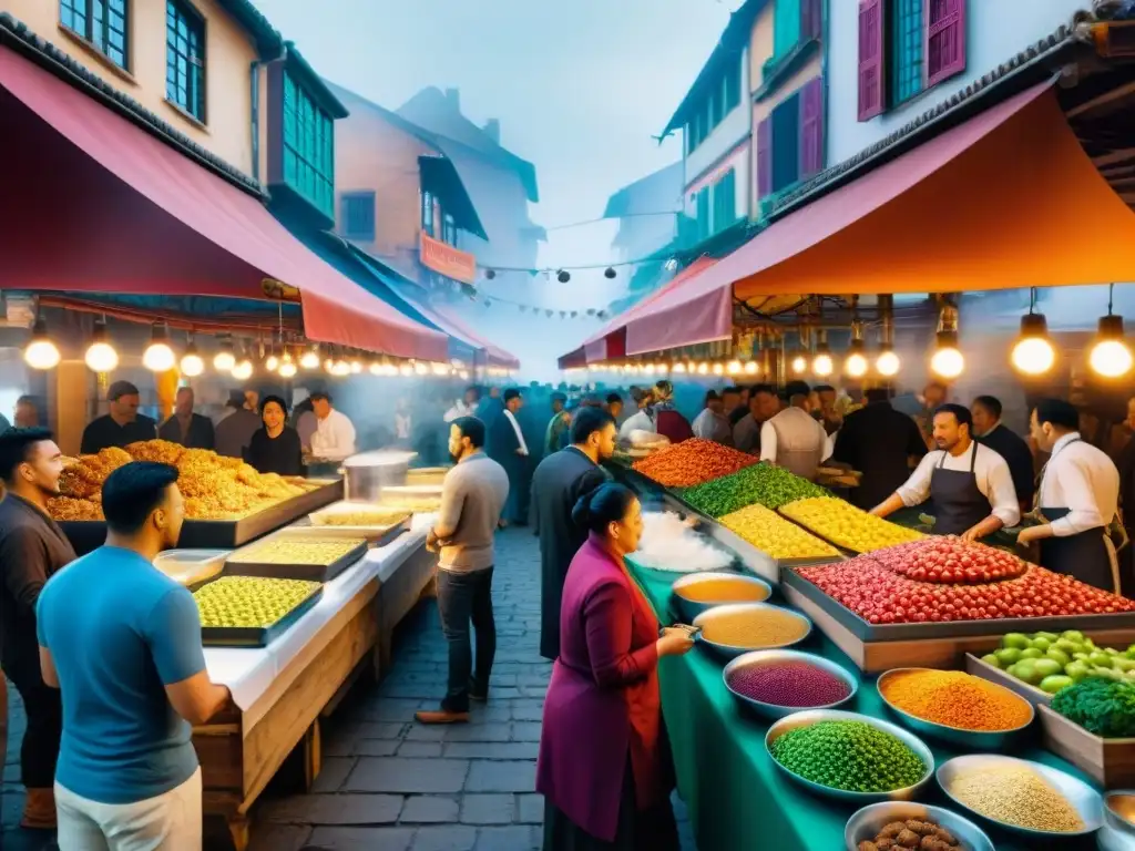 Fusión étnica en la gastronomía: Escena vibrante de mercado culinario diverso y multicultural