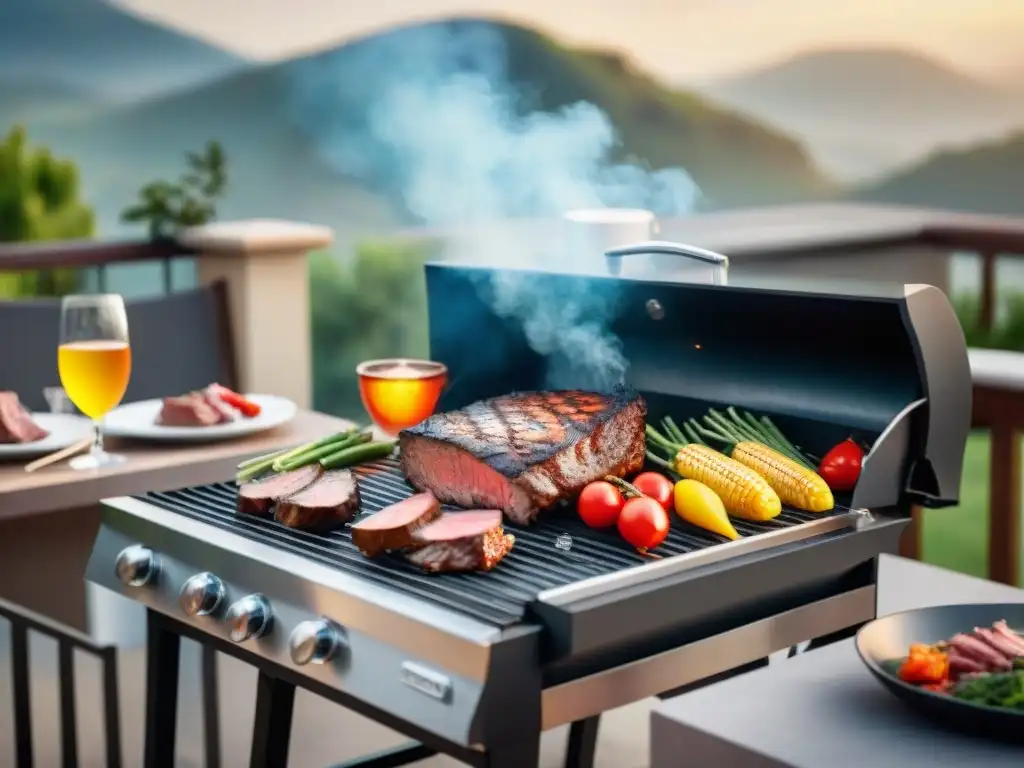 Exclusiva barbacoa al aire libre con carnes premium y lujo, bañada por el sol