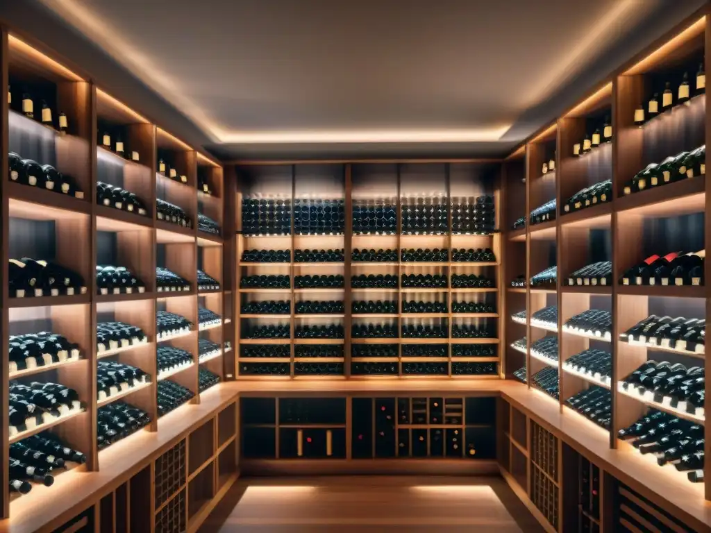 Exclusiva bodega de vinos con estanterías de madera y botellas de vino organizadas, iluminada sutilmente