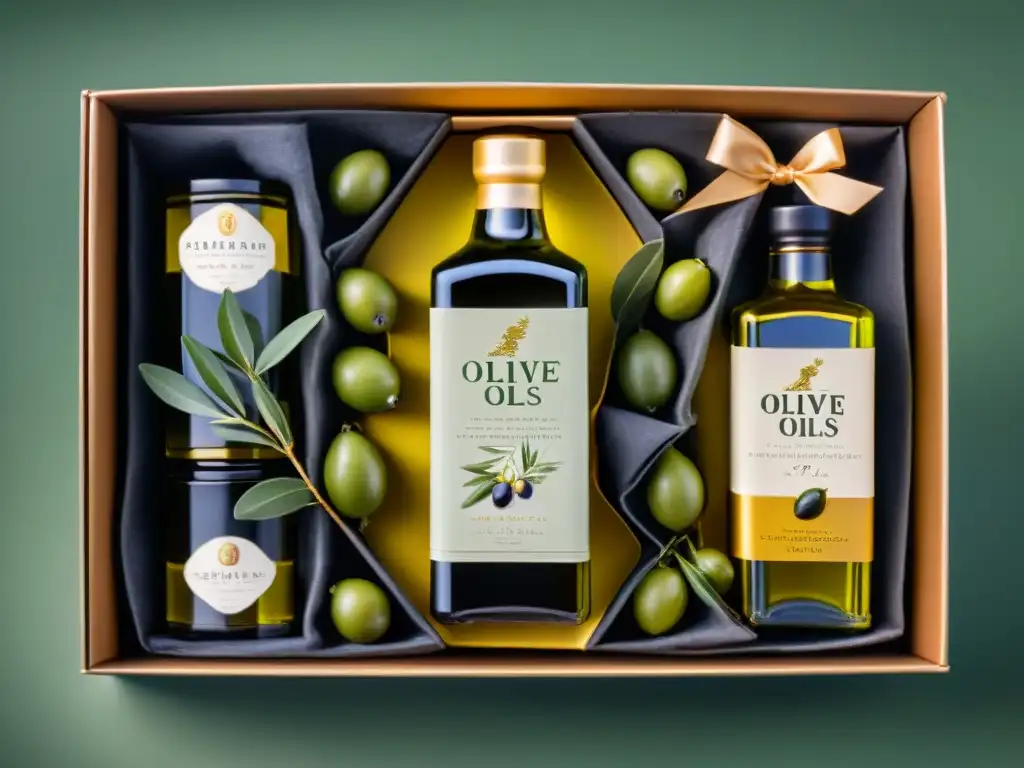 Exclusiva caja de regalo con aceites de oliva gourmet premium, rodeada de olivas frescas y hierbas aromáticas