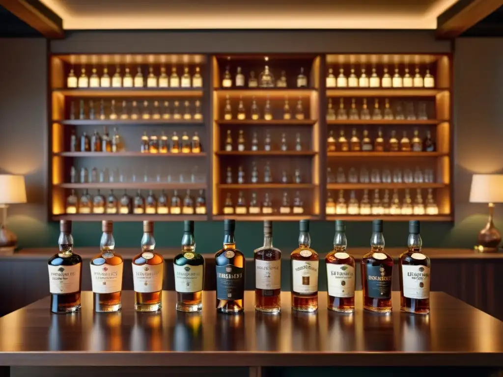 Exclusiva sala de cata de whisky single malt en penumbra con estanterías de roble y secretos whisky single malt profunda
