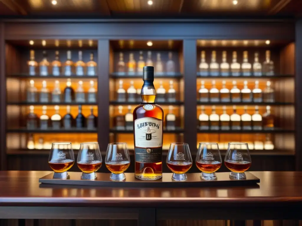 Exclusiva sala de degustación de whisky, elegante y detallada