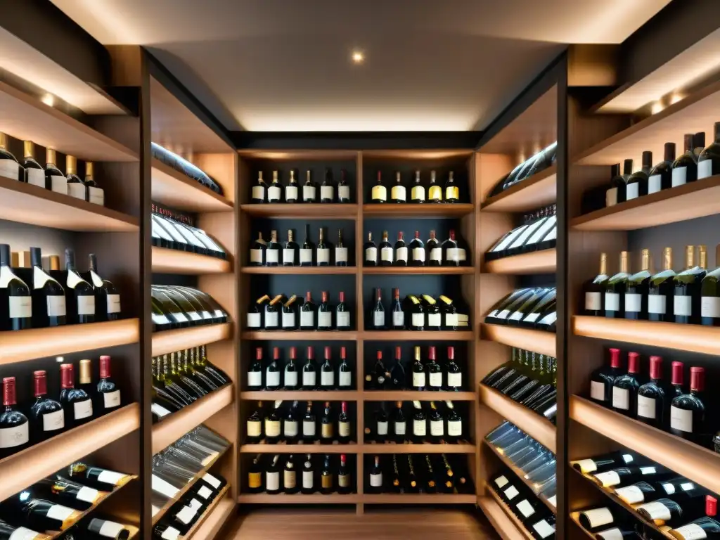 Explora la exclusividad de una bodega de vinos premium suscripción mensual, con botellas únicas y elegantes bajo una suave iluminación ambiental