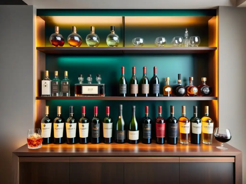 Exclusivo bar en casa con vinos selectos, cristalería y cócteles listos para crear