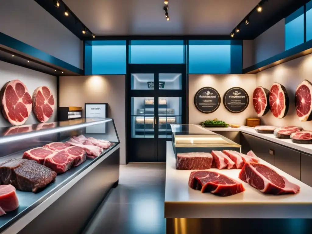 Un exclusivo mostrador de carnicería con cortes exóticos de carne gourmet, cliente y carnicero en una escena elegante y detallada