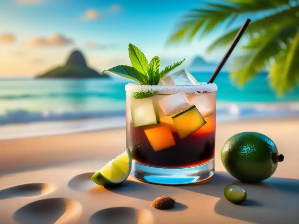 Un exótico Caipirinha de Jabuticaba en una playa tropical al atardecer