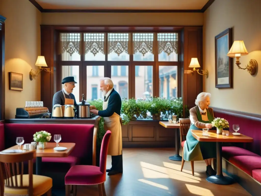 Experiencia cafeterías entornos históricos: Encantador café antiguo bañado en cálida luz, con mobiliario vintage y clientes variados