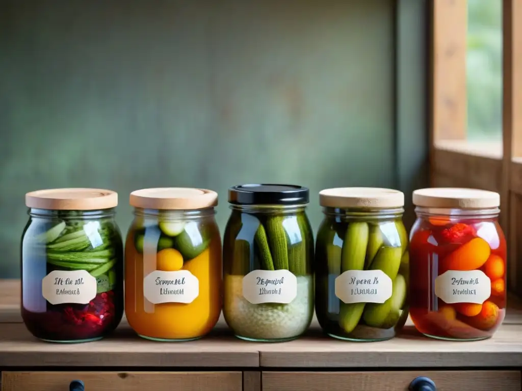 Experiencia culinaria con fermentación chefs: Coloridas fermentaciones en tarros artesanales sobre mesa de madera rústica, iluminados por luz natural