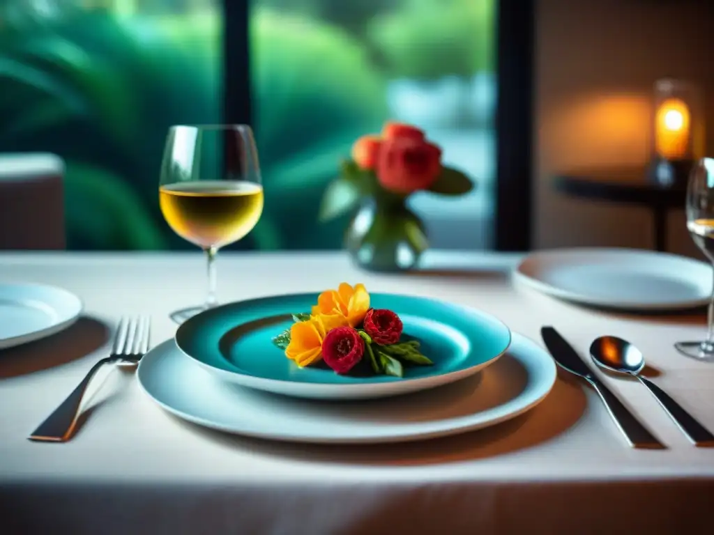 Experiencia gastronómica colores mesa: Una mesa lujosa y detallada con exquisitos platos y decoración elegante en tonos vibrantes