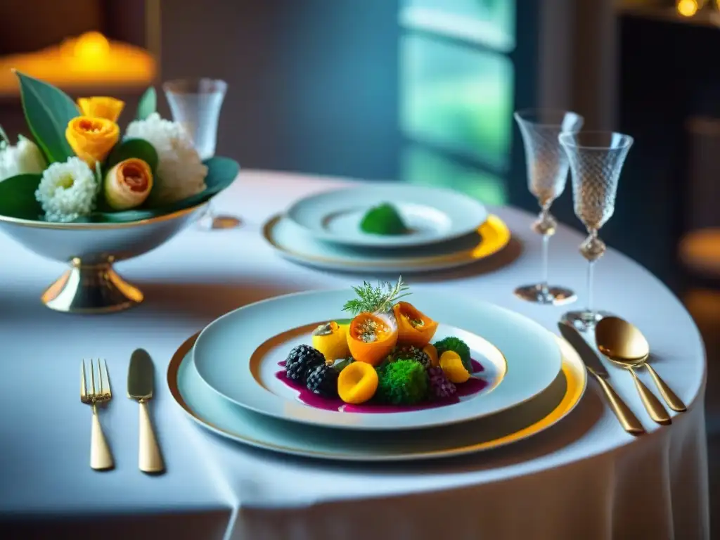 Una experiencia gastronómica colores mesa: una mesa gourmet elegantemente decorada con platos vibrantes y flores frescas, reflejando sofisticación