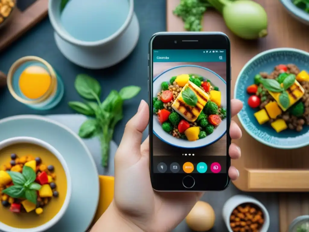 Una experiencia gastronómica gourmet para exploradores en una app de comida vibrante y tentadora en un smartphone moderno y elegante