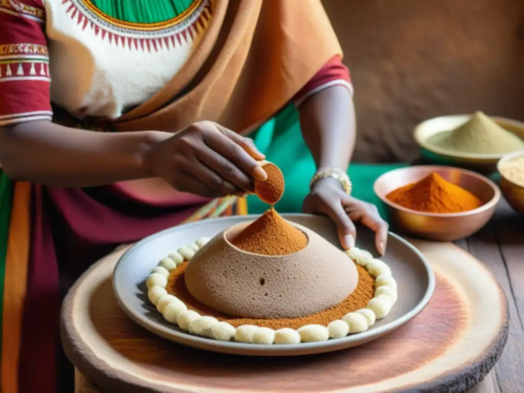 Experiencia gastronómica con injera etíope: Mujer etíope vertiendo masa de injera en plato de barro, rodeada de especias y colores vibrantes