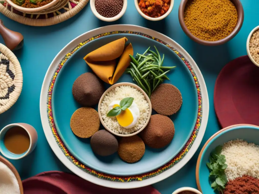 Experiencia gastronómica con injera etíope: Mesa elegante con platillos etíopes coloridos y aromáticos en un entorno cultural vibrante