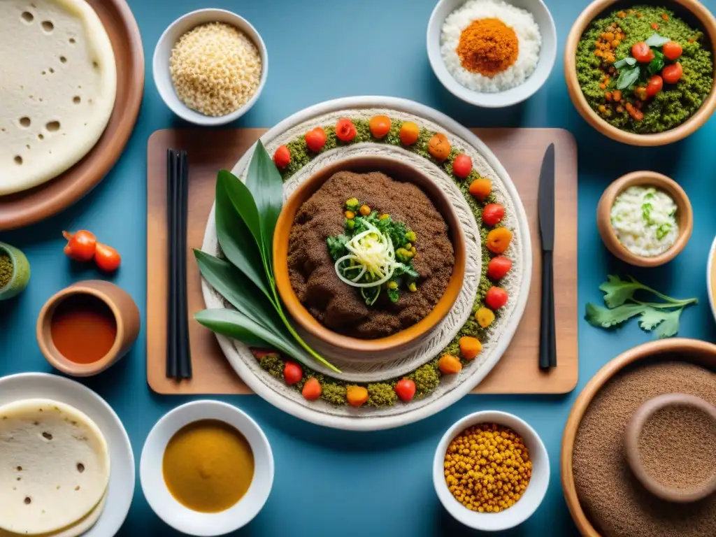 Experiencia gastronómica con injera etíope: una mesa tradicional etíope llena de coloridos platos alrededor de un gran pan de injera