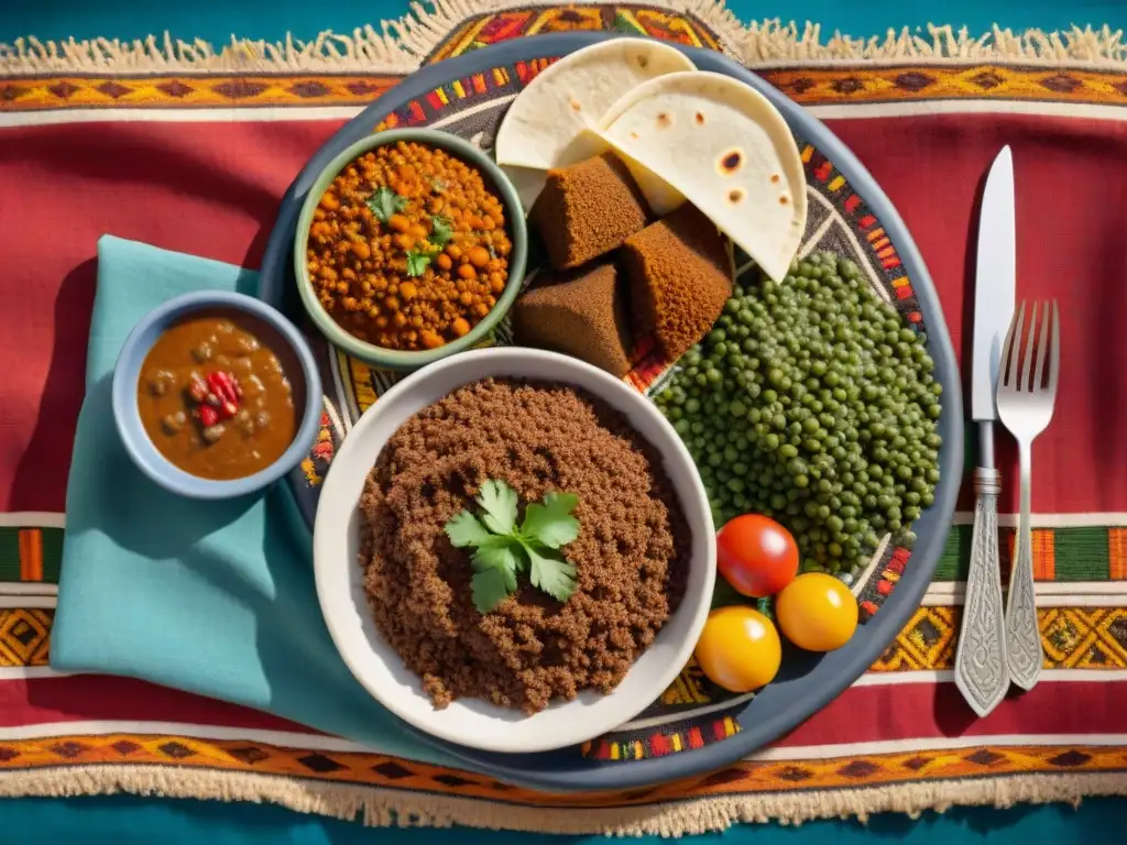 Experiencia gastronómica con injera etíope: mesa colorida con platos tradicionales etíopes y decoración auténtica