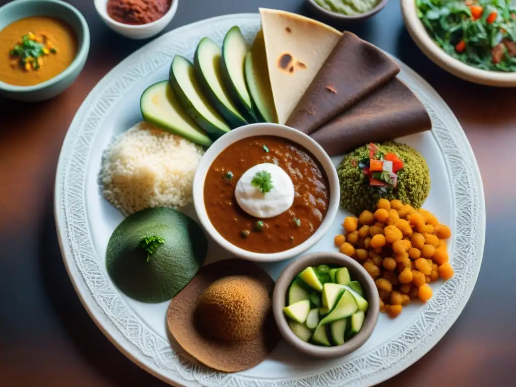 Experiencia gastronómica con injera etíope: Mesa tradicional etíope con platos coloridos y aromáticos sobre injera redonda