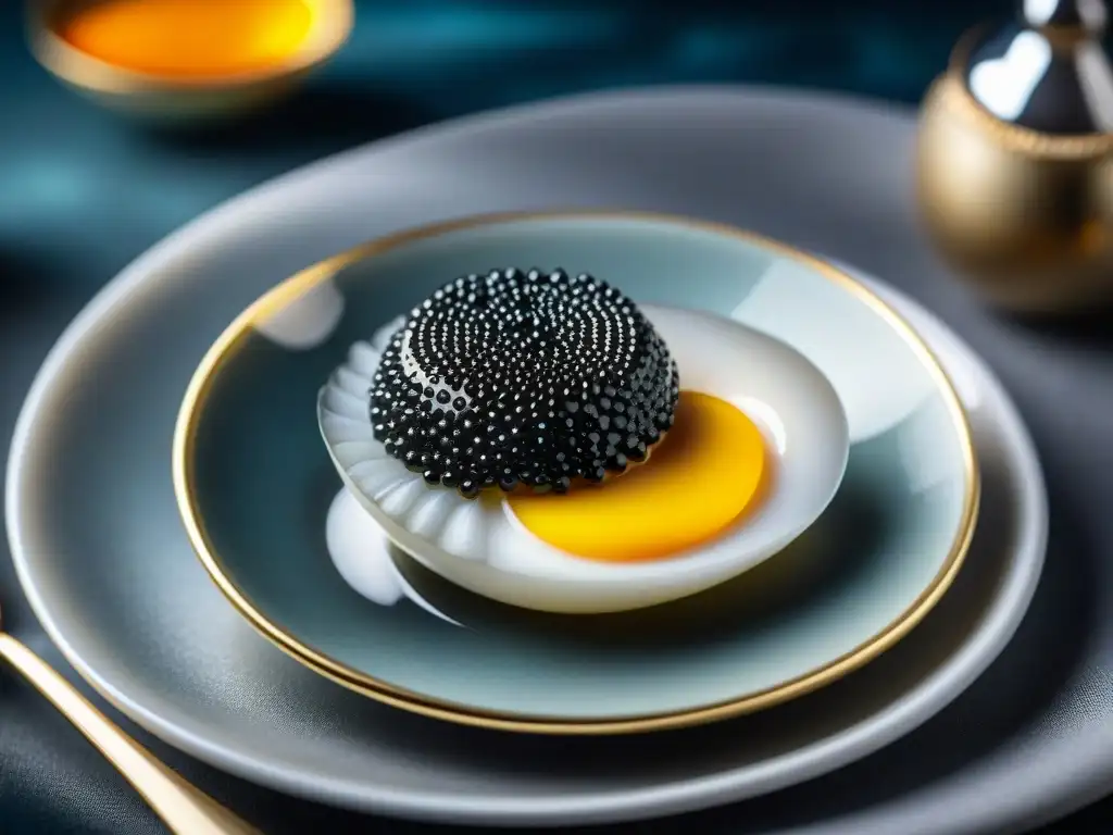 Experiencia gourmet caviar de esturión: Cuchara de nácar brilla sobre caviar Beluga en un elegante entorno de lujo