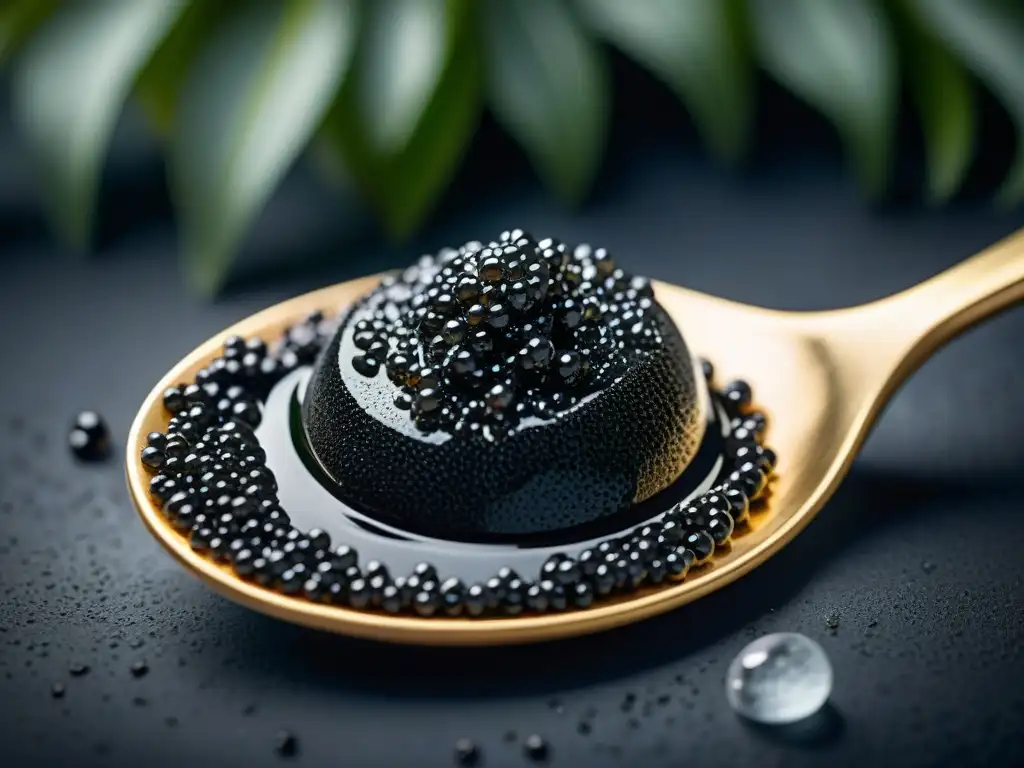 Experiencia gourmet caviar de esturión: Cuchara plateada con caviar negro sobre hielo y eneldo fresco