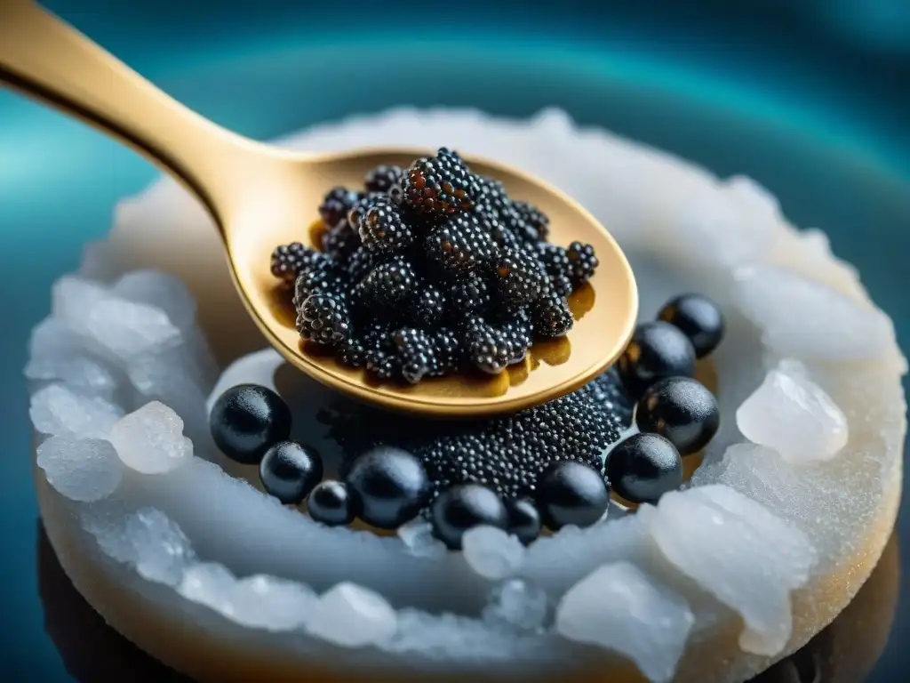 Experiencia gourmet caviar de esturión: cucharadita de caviar negro sobre hielo, resaltando su brillo y textura