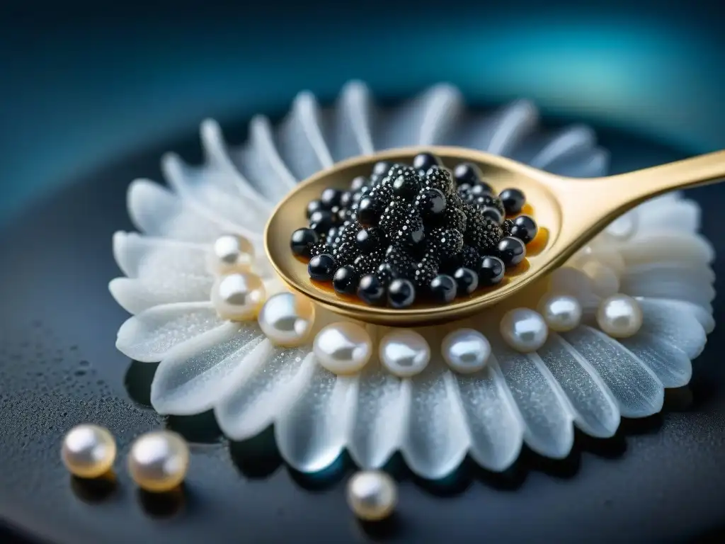 Experiencia gourmet caviar de esturión: lujoso caviar negro brillante sobre hielo, con cucharas de nácar