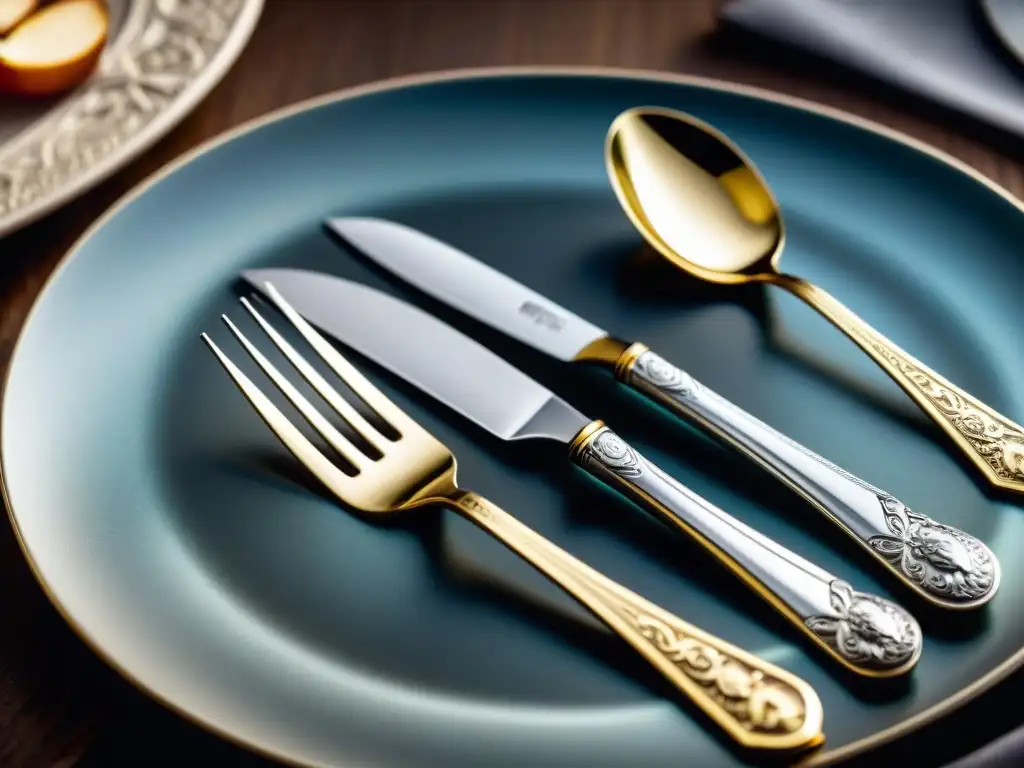 Experiencia gourmet con cubiertos refinados: Detalle exquisito de un juego de tenedor y cuchillo de plata, luces y sombras realzan elegancia