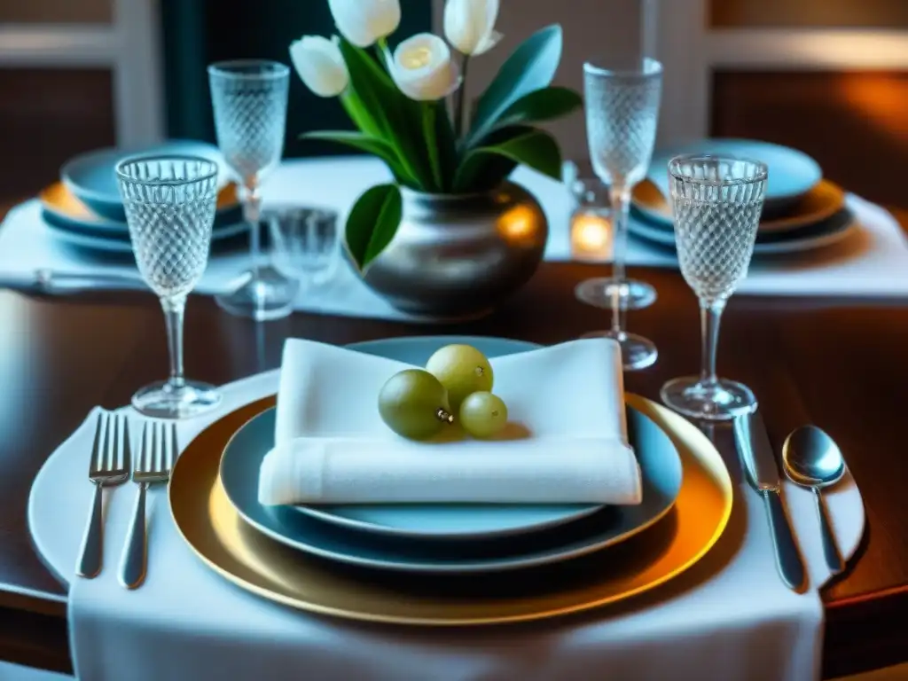 Experiencia gourmet con cubiertos refinados en elegante mesa de comedor lujosamente decorada