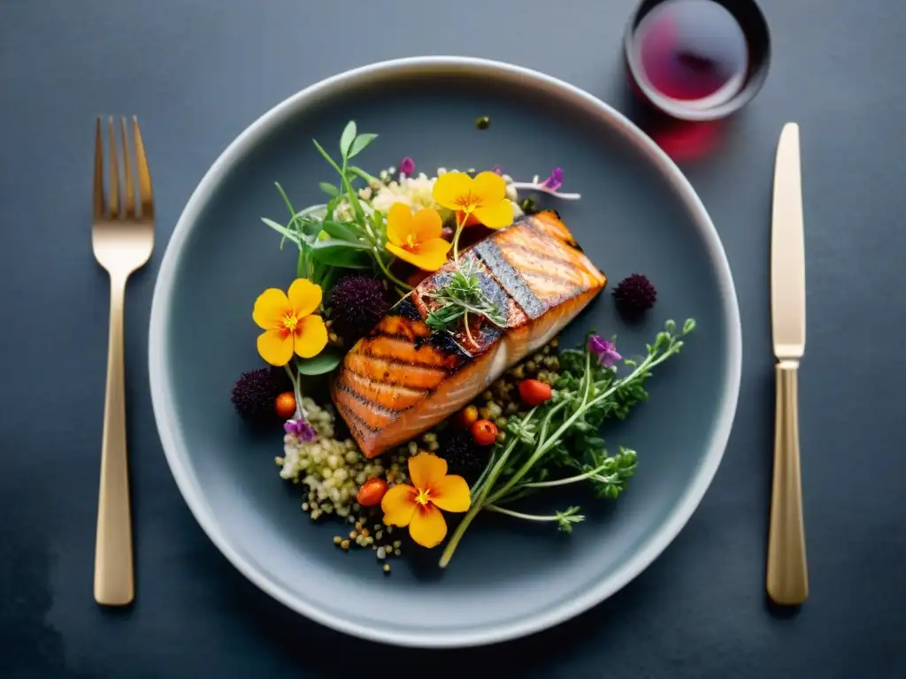 Una experiencia gourmet con dieta baja FODMAP vida gourmet: plato de salmón, quinua, zanahorias y reducción balsámica en elegante presentación