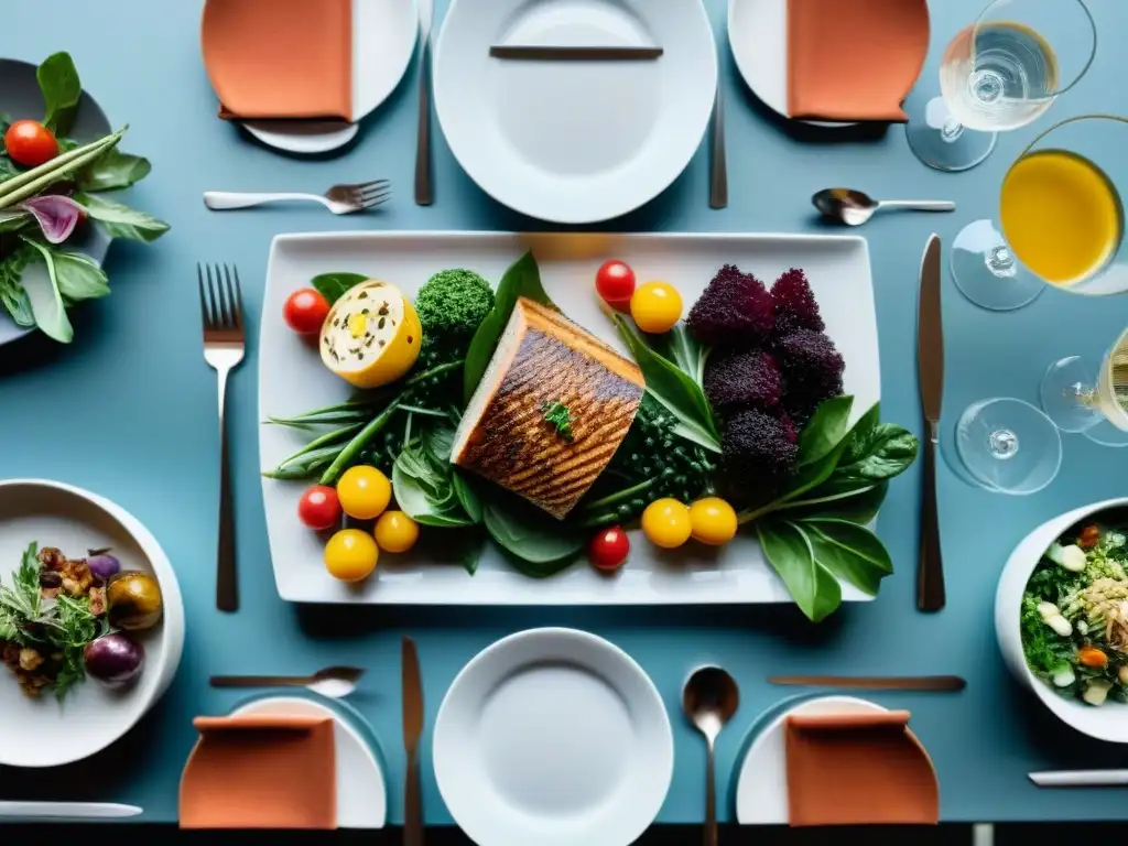 Una experiencia gourmet de lujo en una mesa moderna con comida saludable y elegante